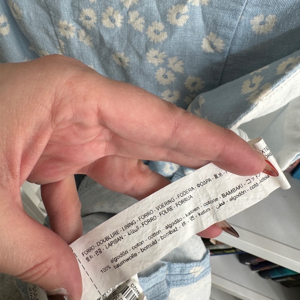 Zara blue white floral linen cotton blend belted y2k retro vintage mini dress - Picture 5 of 6